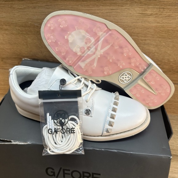 G/Fore‎ Gallivanter Leather Stud Cap Toe Womens Size 6.5 White Pink Golf Shoes